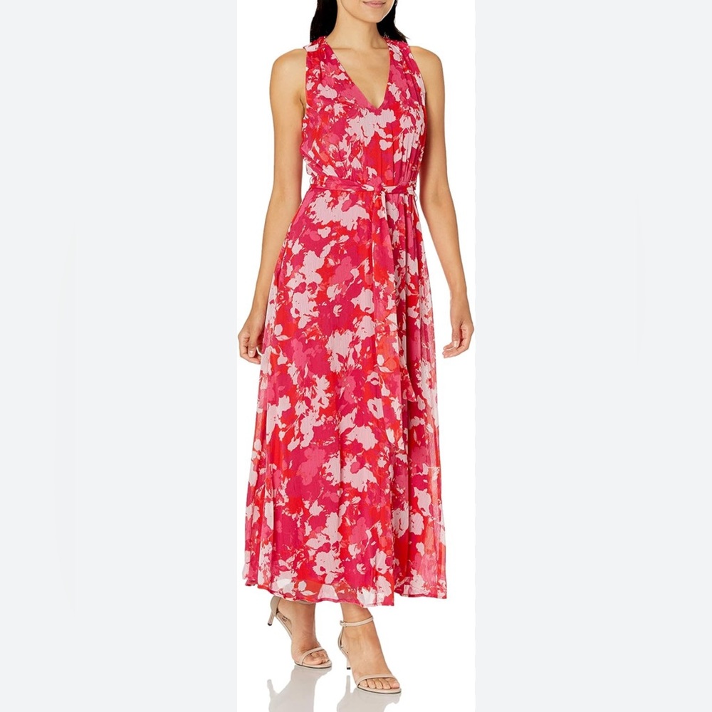 Calvin Klein Abstract Print Sleeveless Chiffon Maxi Dress Pink Size 6